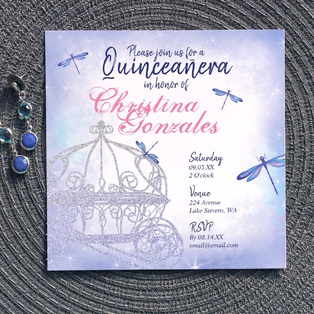 Blue Princess Carriage Quinceañera Invitation (dusty blue, princess horse buggy carriage quinceanera invitations, whimsical dragonflies)
