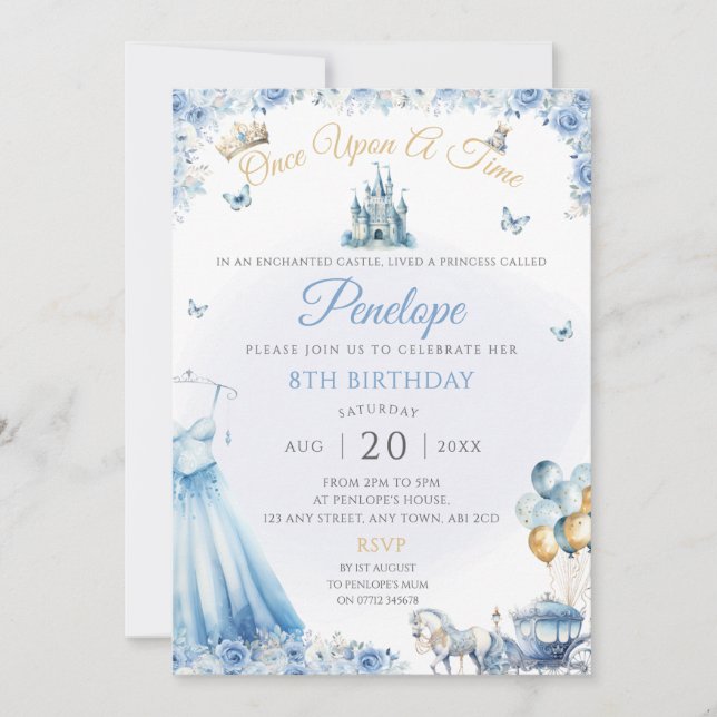 Blue Princess Dress Birthday Party Invite (Front)