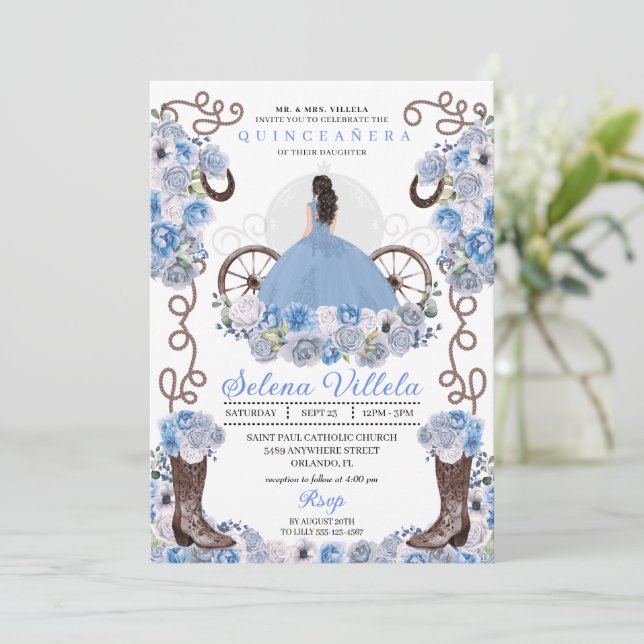 Blue Princess Dress & Boots Quinceañera Invitation (Standing Front)
