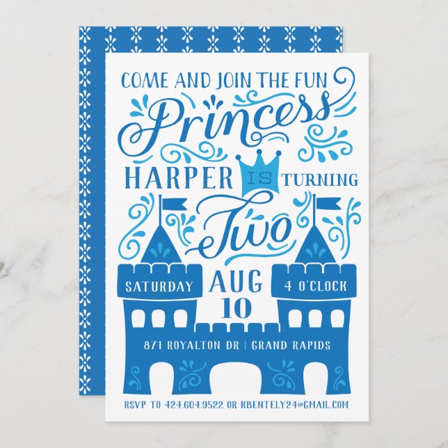 Blue Princess Winter Second Birthday Party Invitation (Front/Back)