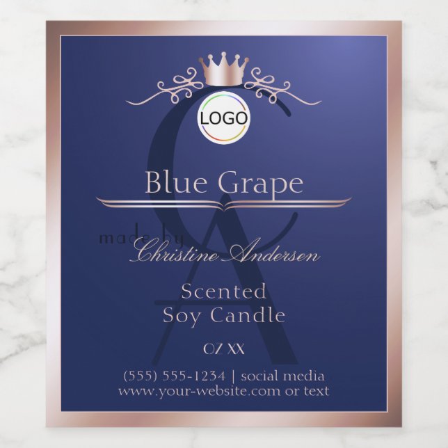 Blue Product Label Rose Gold Frame Logo Monogram (Single Label)