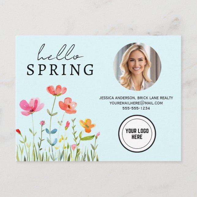 Blue Professional Hello Spring Real Estate  Postcard (Front)