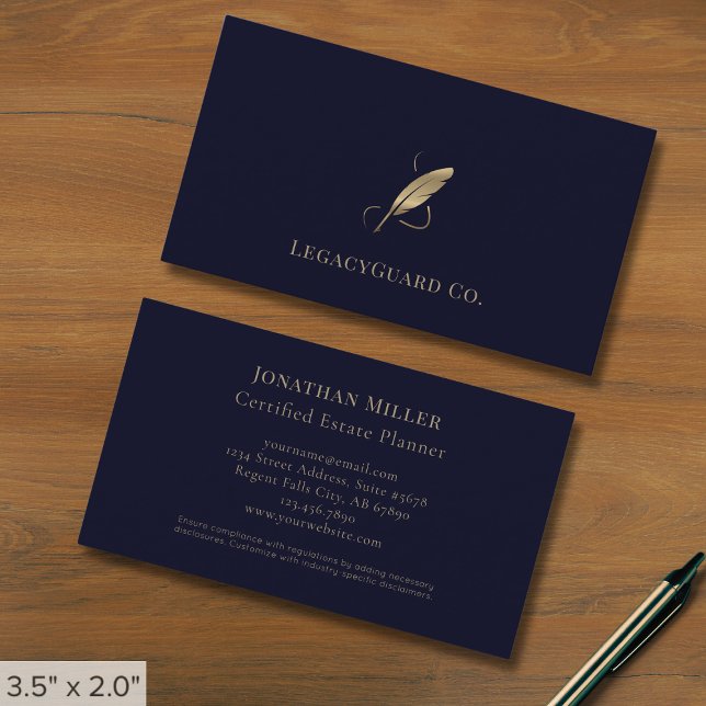 Blue Professional Luxury Gold Quill Logo Business Card (Creator Uploaded)