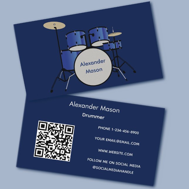 Blue Professional Musician Drummer QR Code Business Card (Creator Uploaded)