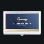 blue professional real estate realtor  business card holder<br><div class="desc">blue professional with white text and gold key. The text features can be customised.</div>