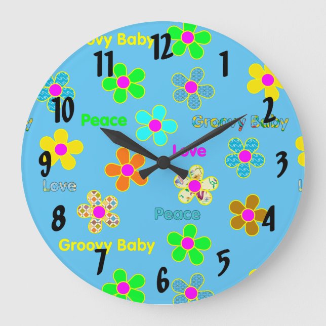 Blue Psychedelic 60s Groovy Flowers Pattern Large Clock (Front)