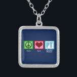 Blue PT Silver Plated Necklace<br><div class="desc">Pretty physical therapist gift. Peace love and physical therapy on dark blue background.</div>