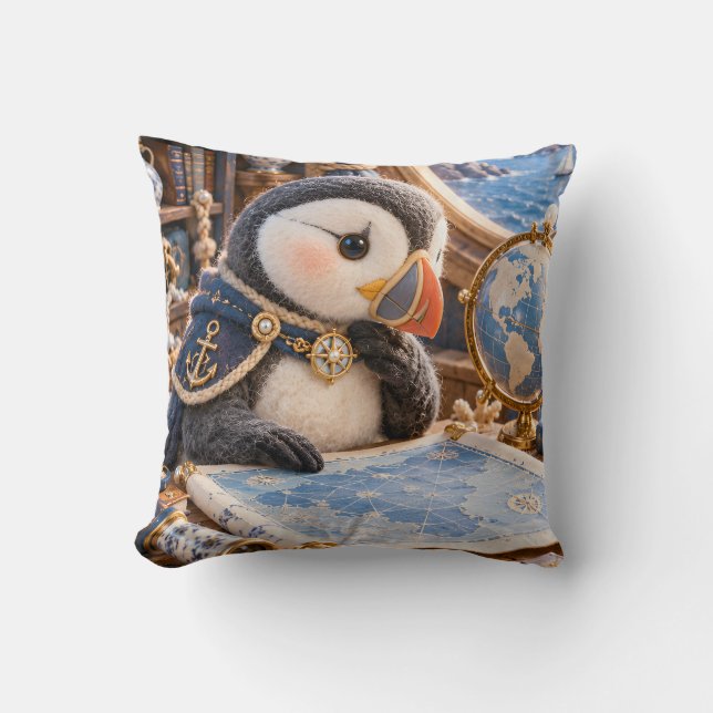 Blue Puffin Nautical Map Room Globe Cushion (Front)