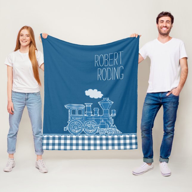 Blue puffing steam train whimsy graphic fleece blanket (In Situ)