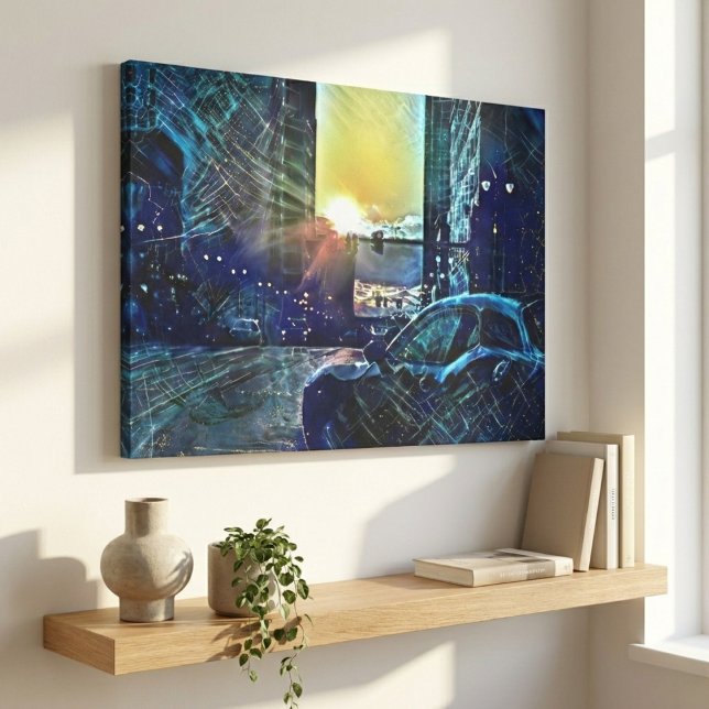 Blue Pulse Detroit Sunset – Electric City Vibes Canvas Print (Detroit Streets, Automotive Beats.)