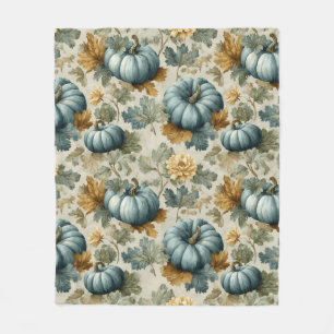 Blue Pumpkin and Autumn Leaves Fall Pattern Fleece Blanket