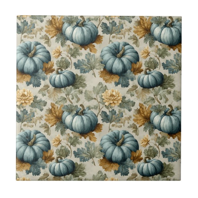 Blue Pumpkin and Autumn Leaves Fall Pattern Tile (Front)