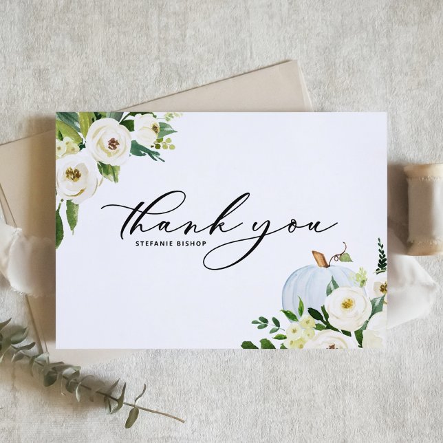 Blue Pumpkin and Greenery Autumn Baby Shower Thank You Card (Creator Uploaded)