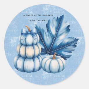 Blue Pumpkin and Leaf Boy Baby Shower Classic Round Sticker