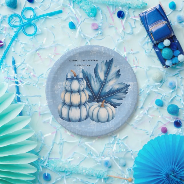 Blue Pumpkin and Leaf Boy Baby Shower Paper Plate (Party)