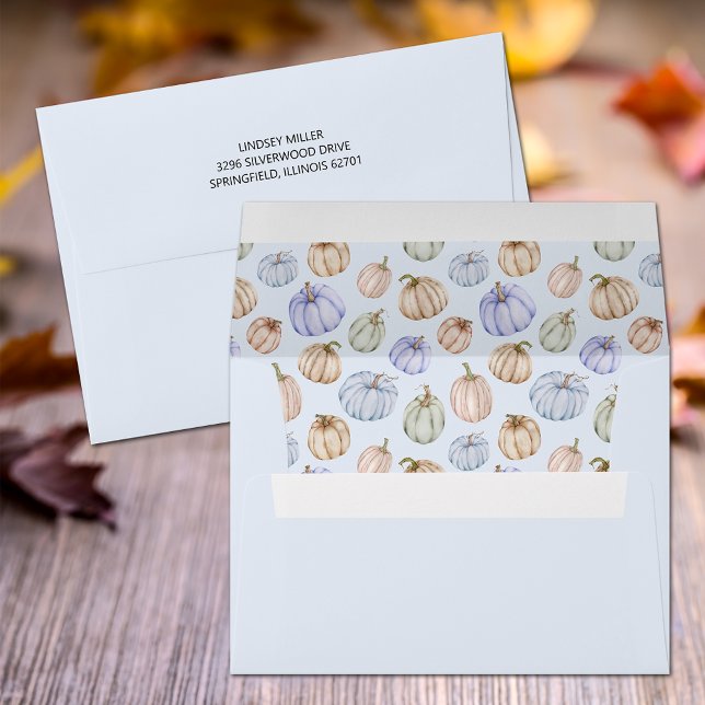 Blue Pumpkin Baby Shower Invitation Envelope (Blue baby shower invitation envelopes with printed lining of pastel pumpkins)