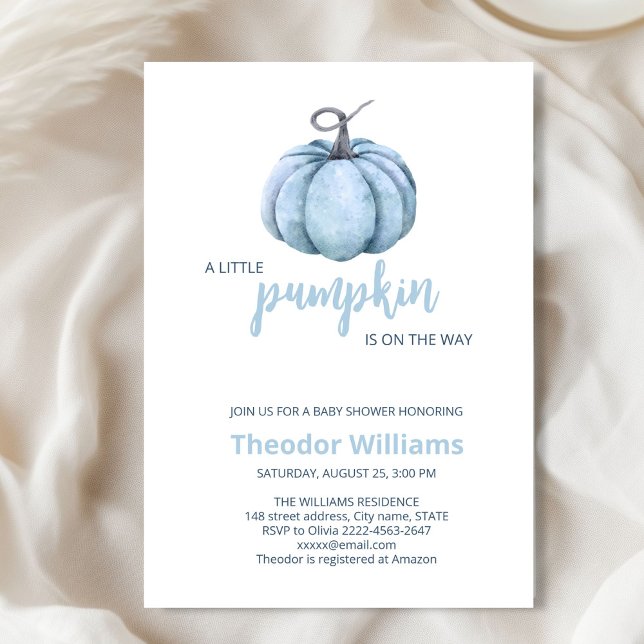 Blue Pumpkin Baby Shower Invitation | Fall theme (Little pumpkin minimalistic autumn fall baby shower invitation boy)
