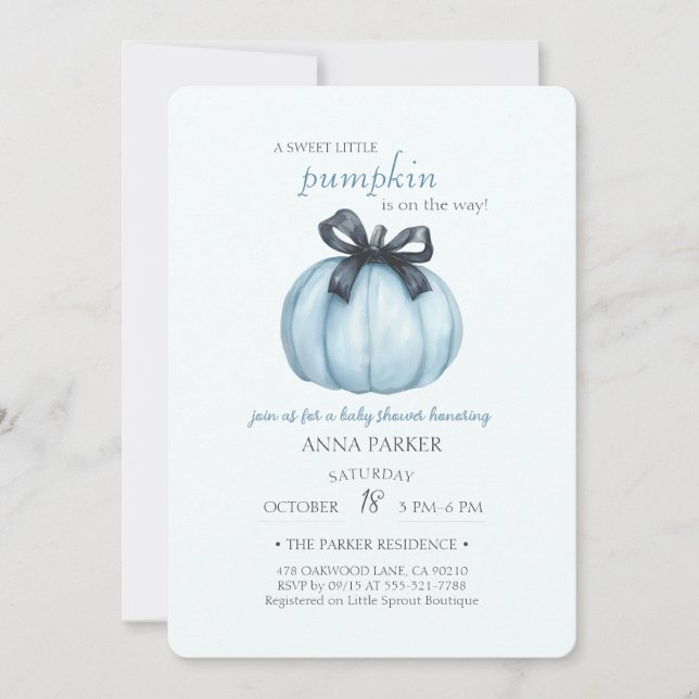 Blue Pumpkin Bow Baby Shower Celebration Invitation (Front)