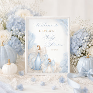 Blue Pumpkin Bow Baby Shower Welcome Poster