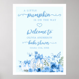 Blue Pumpkin Bow Boy Baby Shower Welcome Poster