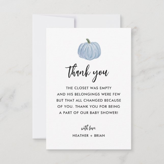 Blue Pumpkin Boy Baby Shower  Thank You Card (Front)