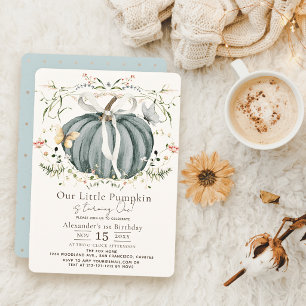 Blue Pumpkin Butterfly & Wildflower 1st Birthday Invitation