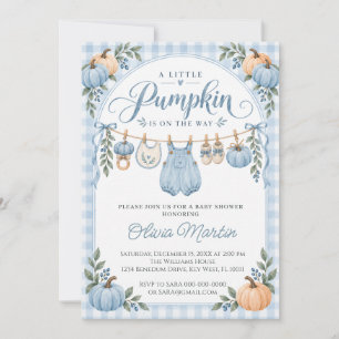 Blue Pumpkin Clothesline Gingham Fall Baby Shower Invitation