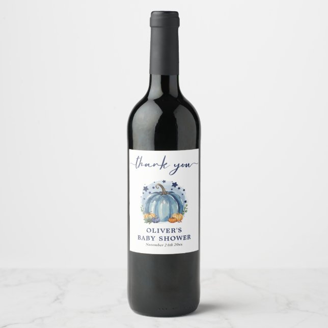 Blue Pumpkin Fall Boy Baby Shower Favour Wine Label (Front)