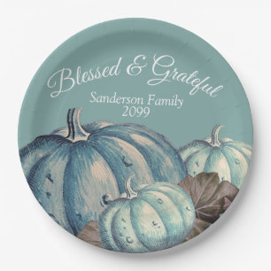 Blue Pumpkin Fall Party Grateful Blessed Paper Plate