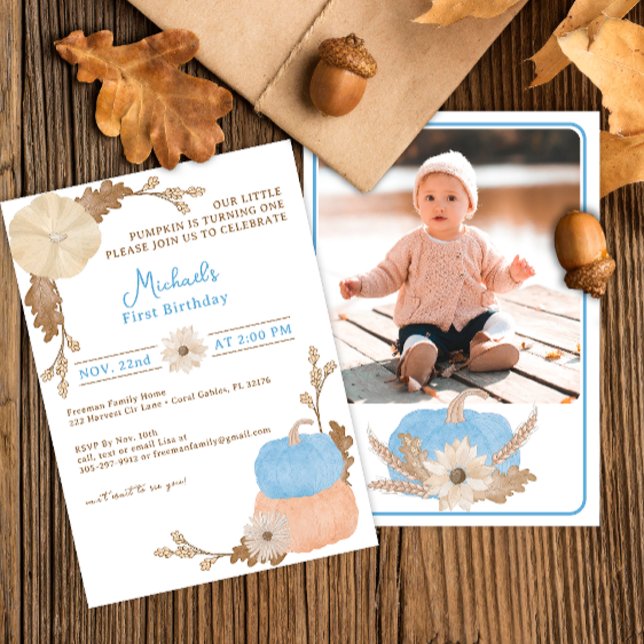 Blue Pumpkin First Birthday Photo Invite (Blue Pumpkin - Our Little Pumpkin Birthday Party Invitation)