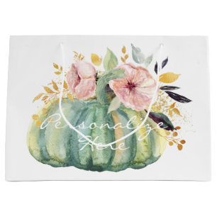 Blue pumpkin floral fall watercolor elegant autumn large gift bag