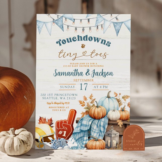 Blue Pumpkin Footballs Touchdown Co-Ed Baby Boy Invitation (Creator Uploaded)