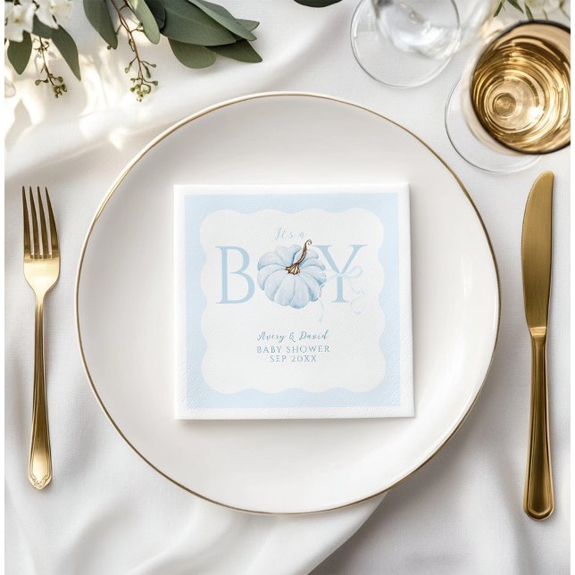 Blue Pumpkin It's a Boy Modern Fall Baby Shower Napkin (Creator Uploaded)