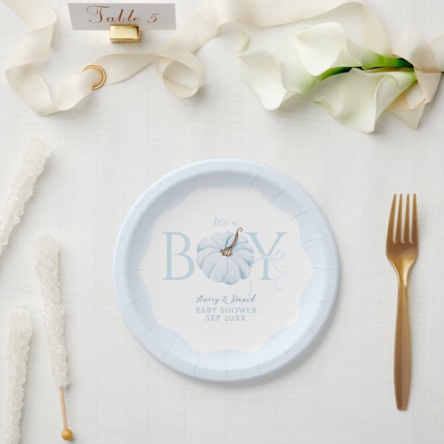 Blue Pumpkin It's a Boy Modern Fall Baby Shower Paper Plate (Wedding)