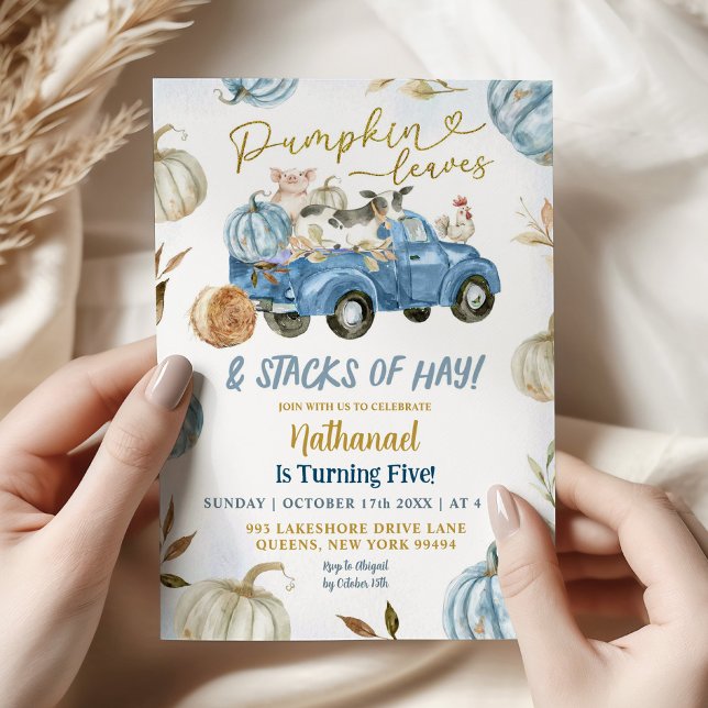 Blue Pumpkin Leaves and Stacks of Hay Birthday Invitation (Creator Uploaded)
