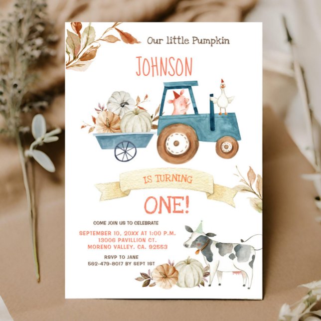Blue pumpkin tractor farm party invitation (Creator Uploaded)