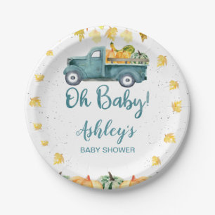 Blue Pumpkin Truck Autumn Leaves Baby Shower Pape Paper Plate