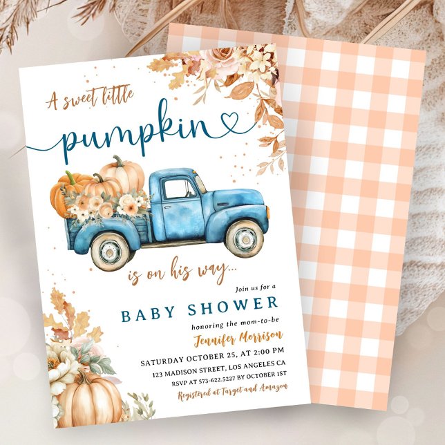 Blue Pumpkin Truck Baby Shower Boy Little Pumpkin Invitation (Creator Uploaded)