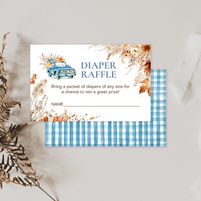 Blue Pumpkin Truck Baby Shower Diaper Raffle Card (Boys Blue Pumpkin Truck Baby Shower Diaper Raffle Ticket, Fall Baby Shower Boy Diaper Raffle Insert)