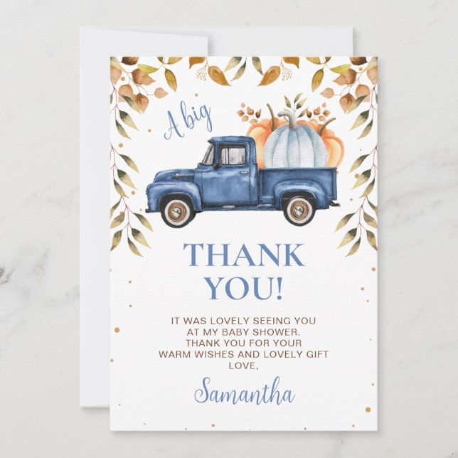 Blue Pumpkin Truck Baby Shower Thank You Card (Front)