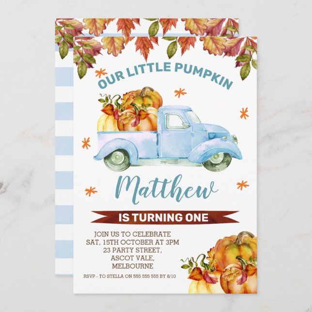 Blue Pumpkin Truck Birthday Invitation (Front/Back)