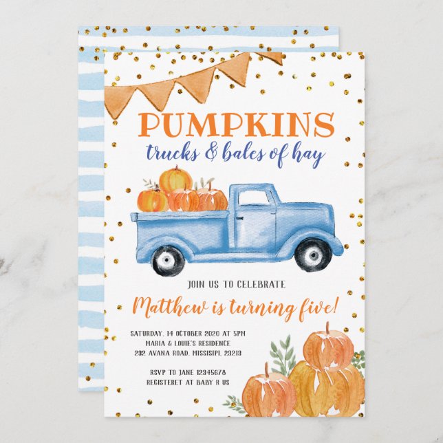 Blue Pumpkin Truck Birthday Invitation (Front/Back)