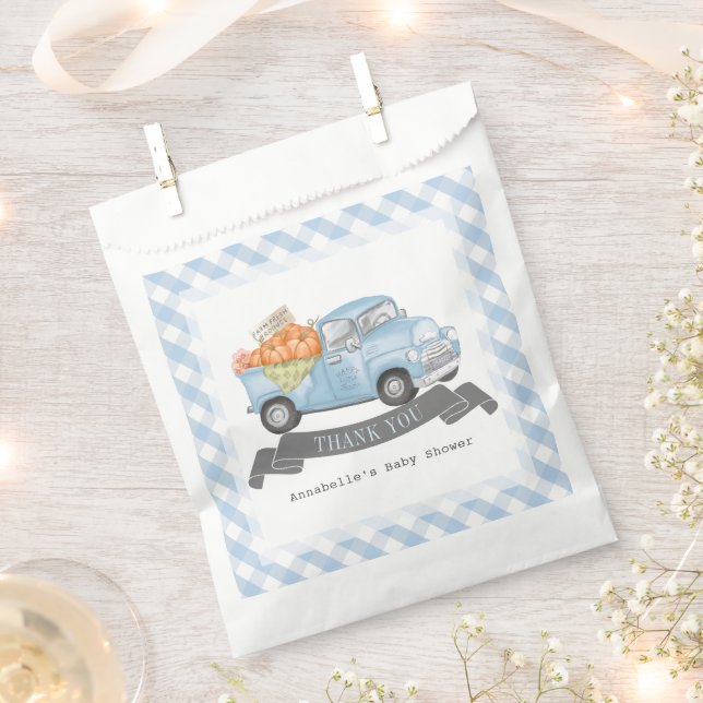 Blue Pumpkin Truck Gingham Boy Baby Shower Favour Bags (Clipped)