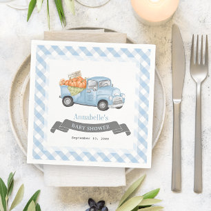 Blue Pumpkin Truck Gingham Boy Baby Shower Napkin