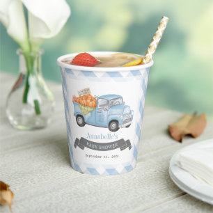 Blue Pumpkin Truck Gingham Boy Baby Shower Paper Cups