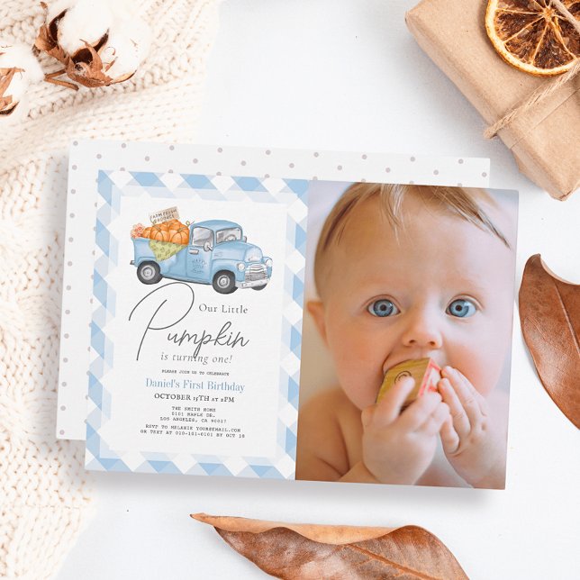 Blue Pumpkin Truck Gingham Boy Photo 1st Birthday Invitation (Creator Uploaded)
