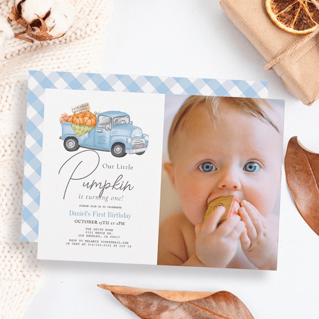 Blue Pumpkin Truck Gingham Boy Photo 1st Birthday Invitation (Creator Uploaded)