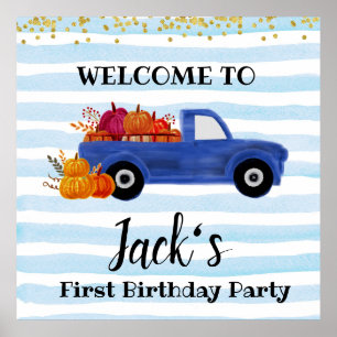 Blue pumpkin truck welcome sign