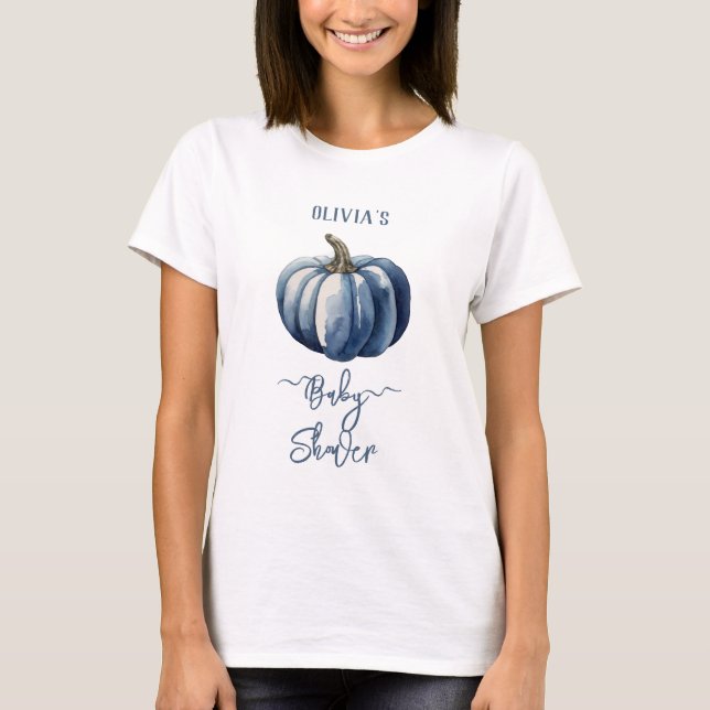 Blue Pumpkin Watercolor  Baby Boy Shower T-Shirt (Front)