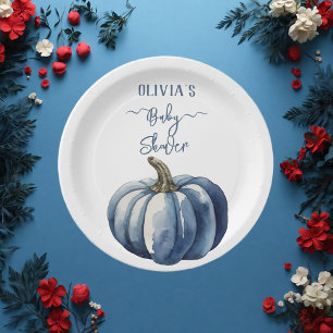 Blue Pumpkin Watercolor Boho Baby Boy Shower Paper Plate